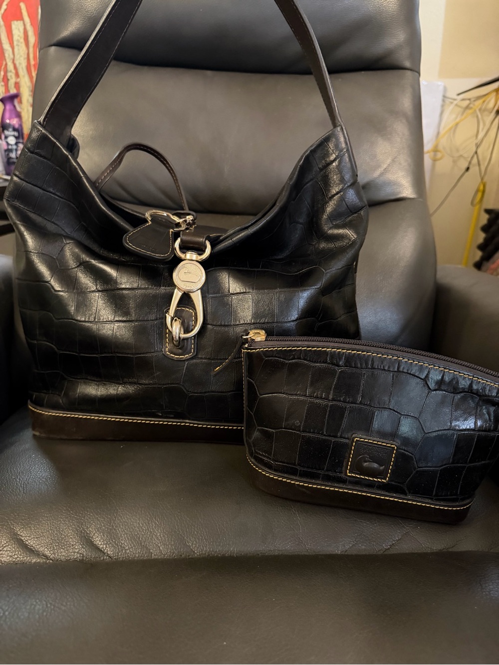 Dooney & Bourke Black Croc-Embossed Leather Hobo Bag with Matching Pouch